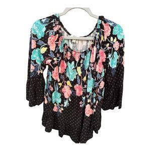 Style & Co. Black, Pink, Blue Floral Blouse Size M 3/4 Sleeve C512